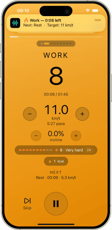 Live interval workout screen with speed, incline and effort targets